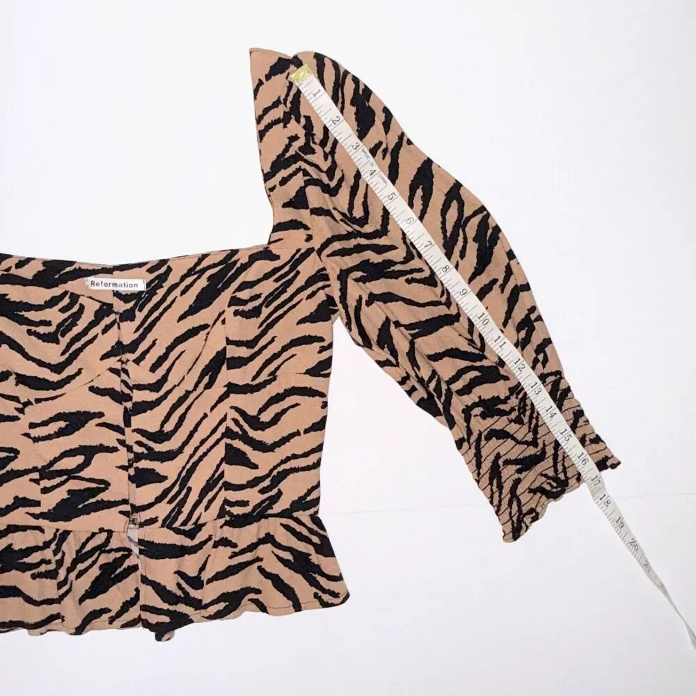 Reformation Dallas Rajah Tiger Animal Print Tan Black Corset Top Puff Sleeves 2